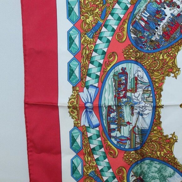 HERMES Carre 90 Scarf ""LENTENTE CORDIALE"" Silk Red White Auth - Picture 13 of 16
